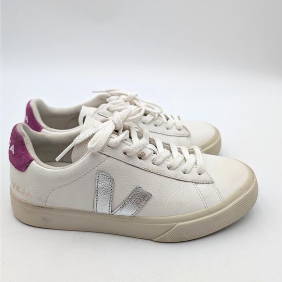 VEJA Campo Low Top Sneaker Shoes Women's Leather White Silver Violet US7 EU38 - Picture 3 of 13